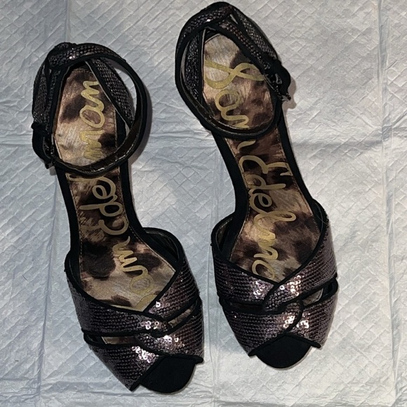 Sam Edelman Paisley sequin ankle strap heels open toe silver black sandals 6 1/2 - Picture 3 of 9